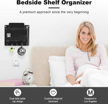 Bedside Shelf Wall Mount, Adhesive Bedside Shelf Accessories Organizer with Hooks and Cable Clips,Dorm Bedside Wall Storage for Phone, Remote, Earphone, Kindle,Plastic(White)