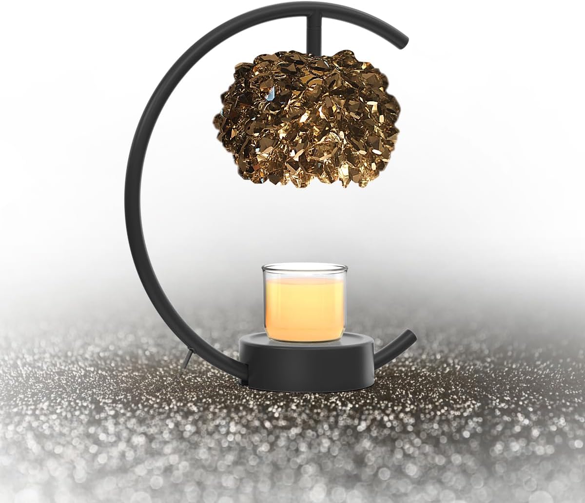 Yeuslor Gold Candle Warmer Lamp for Jar Candles with Adjustable Brightness＆Timer，Handcrafted Crystal＆Wooden Base, Luxurious Design,Home Decoration Electric Candle lamp(C-Shaped)