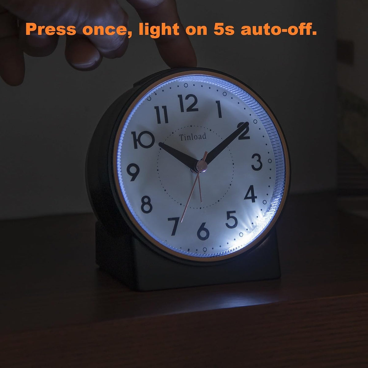 Tinload 4.3" No Ticking Analog Alarm Clock,Silent Readable for Seniors,Easy to Set,Gradual Rise Alarm,Big Numbers,On/Off Switch on Side,Gentle Wake,Snooze,Lighted on Demand,Battery Operated,Black
