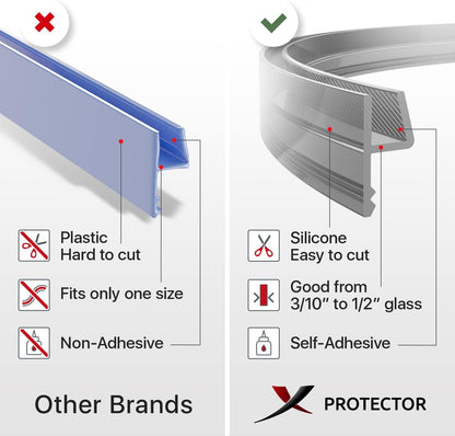 Frameless Shower Door Side Seal X-Protector - 40" Shower Door Seal | Self-Adhesive Shower Door Sweep - Premium Door Side Seal Strip - Silicone Glass Shower Seal Strip for All Door Thicknesses!