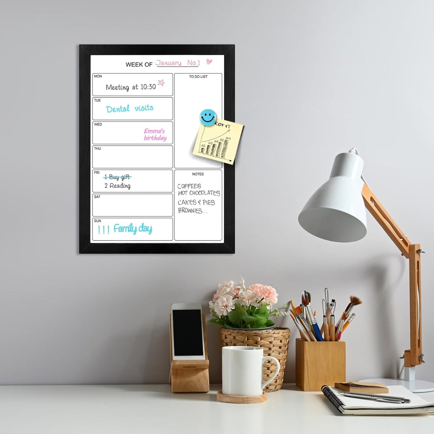 Weekly Dry Erase Whiteboard Calendar, 15.7"x11.8" Magnetic Surface Memo Board, Minimal Design Weekly Planner for Wall, Black Wood Frame Dry Erase Board for Office School Home(ZLBB-S-BK-2636)