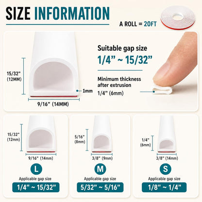 20FT Weather Stripping Door Seal, Self-Adhesive Silicone D-Shaped Seal Strip for Door Frame & Window Gaps, Soundproof Insulation Gap Filler