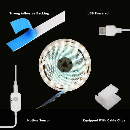 LED Light Strip Motion Sensor, USB Powered, Waterproof Rope Lights 6000K, Day and Night Modes Dimming, Indoor/Outdoor Use, Adhesive Tape 16.4ft