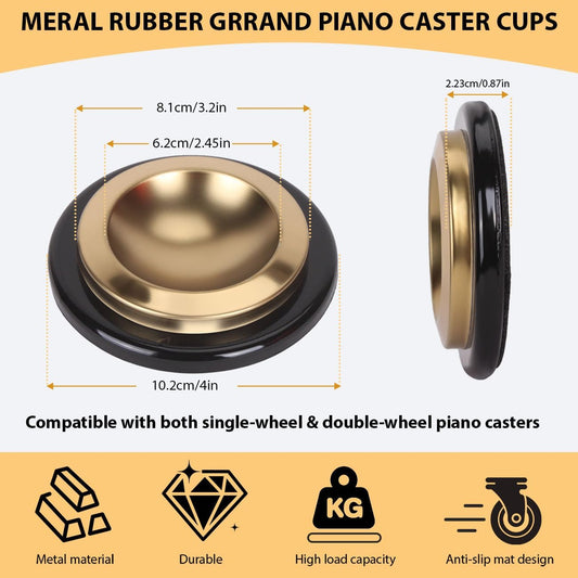 4PCS Metal Piano Caster Cups Rubber Non-Slip Floor Protectors | Heavy duty rubber felt bottom pads for upright & grand piano legs. Non-slip furniture coasters protect hardwood floors