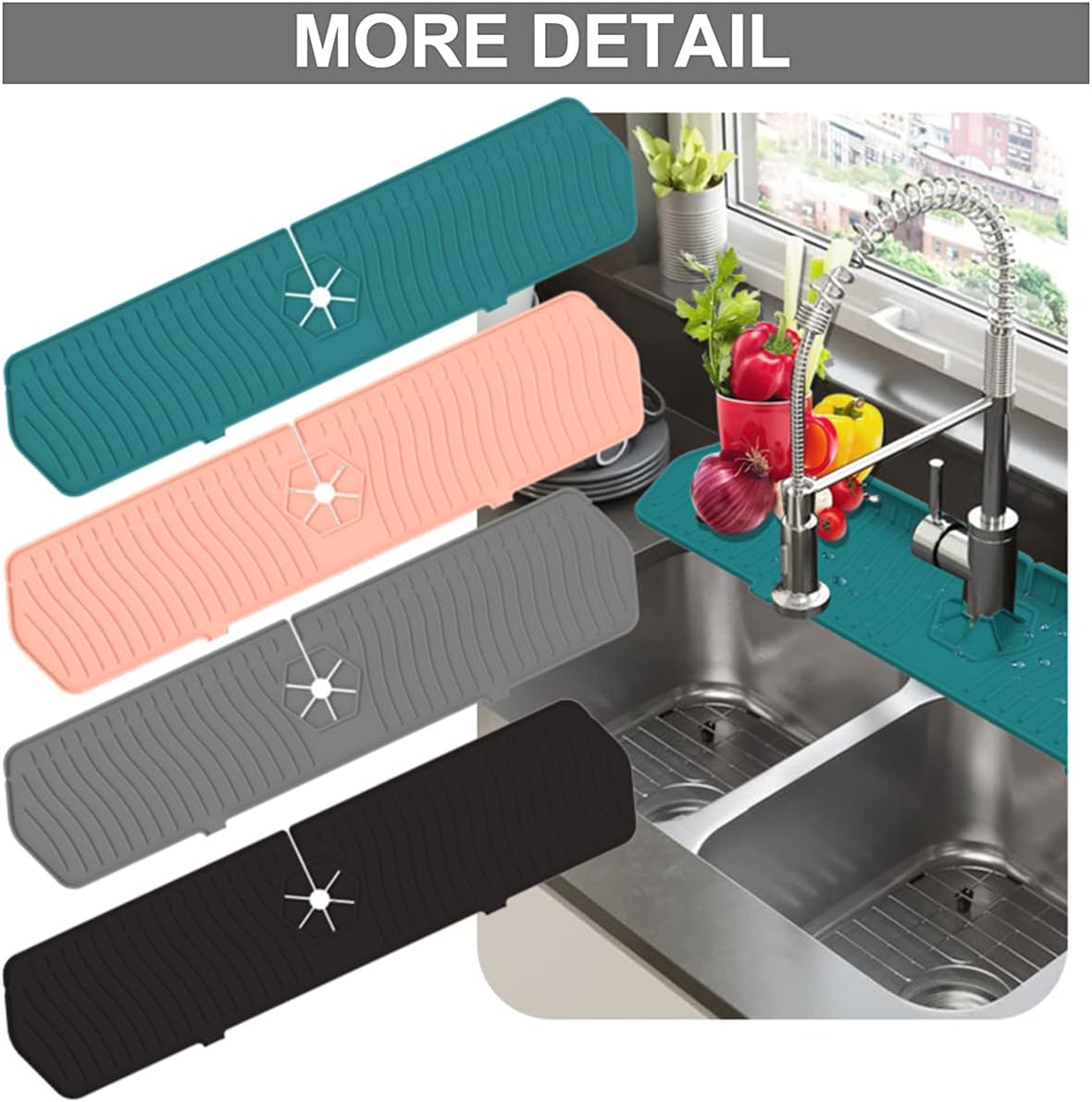 Kitchen Faucet Sink Splash Guard, 24" x 5.6'' Upgrade Silicone Faucet Water Catcher Mat, Sink Draining Pad Behind Faucet, Rubber Drying Mat for Countertop, Bathroom, Farmhouse, RV (Black)
