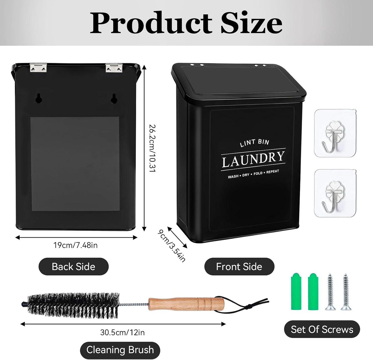 Magnetic Lint Bin with Lint Brush for Laundry Room Decor Farmhouse Rustic Metal Wall Mounted Lint Box Holder Keeper Organization Lint Trash Can with lid for Dryer