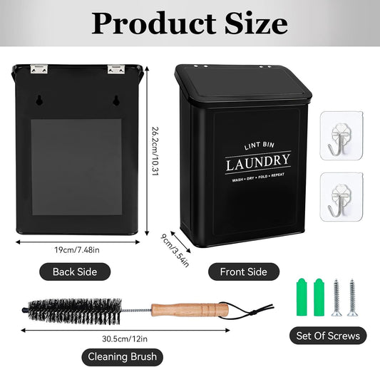 Magnetic Lint Bin with Lint Brush for Laundry Room Decor Farmhouse Rustic Metal Wall Mounted Lint Box Holder Keeper Organization Lint Trash Can with lid for Dryer