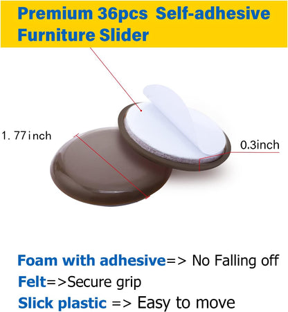 Self-Adhesive Furniture Sliders for Carpets, Furniture Moving Pads (36Pcs) 1-3/4" Furniture Mover Glides, Self Sticks Carpet Furniture Carrier - Move Any Item Quickly and Easily!
