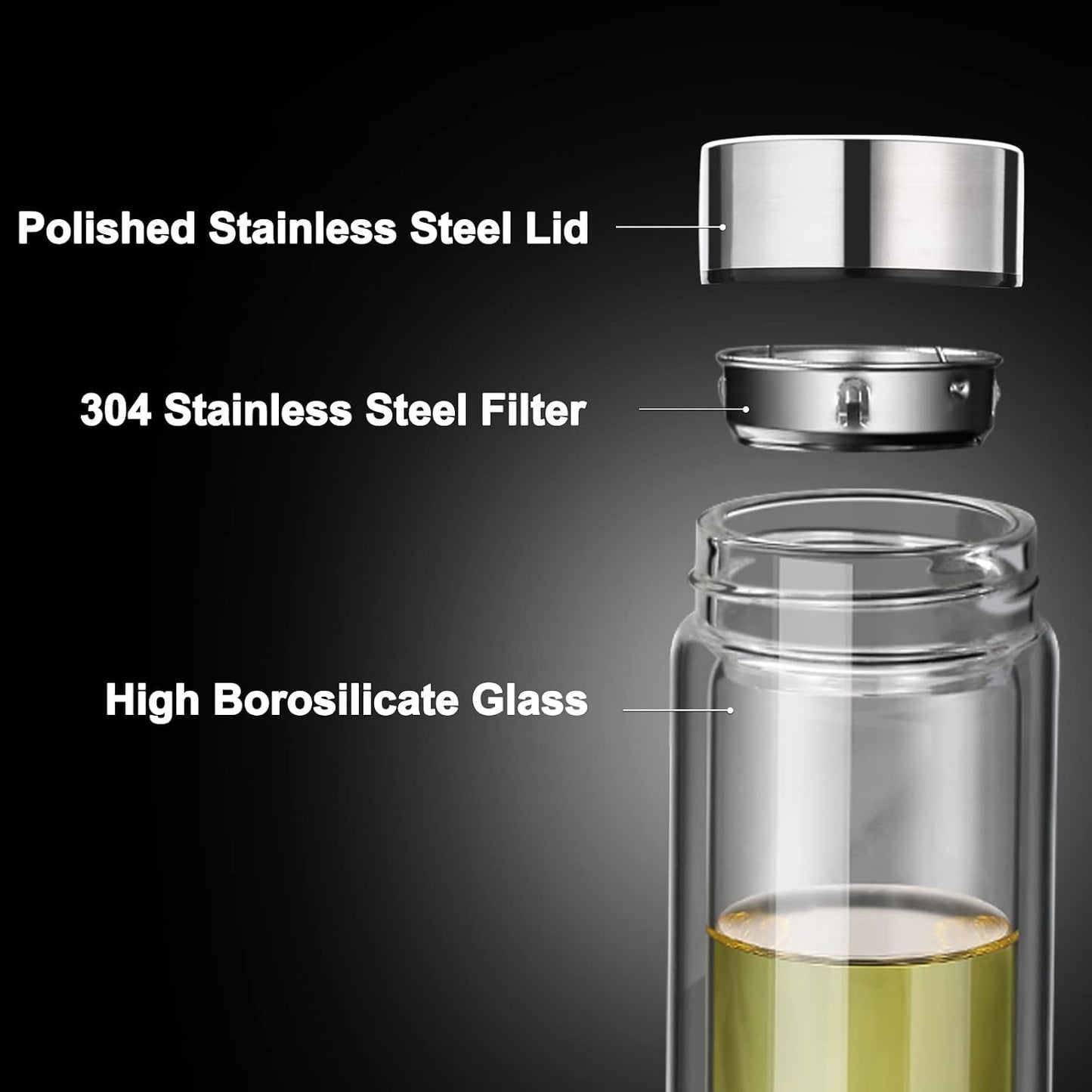 PARACITY Glass Water Bottle with Tea Infuser, 12 oz Double Wall Tumbler | Removable stainless steel filter and silicone seal suit loose leaf, flower or herbal brewing in a wide-mouth tea infuser mug