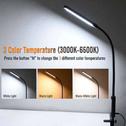 18W 3000LM LED Clamp Desk Lamp | CRI 95 Eye-Caring Light with Remote & Touch Control, 360 Flexible Gooseneck, 3 Color Modes for Home Office(Adapter Included)