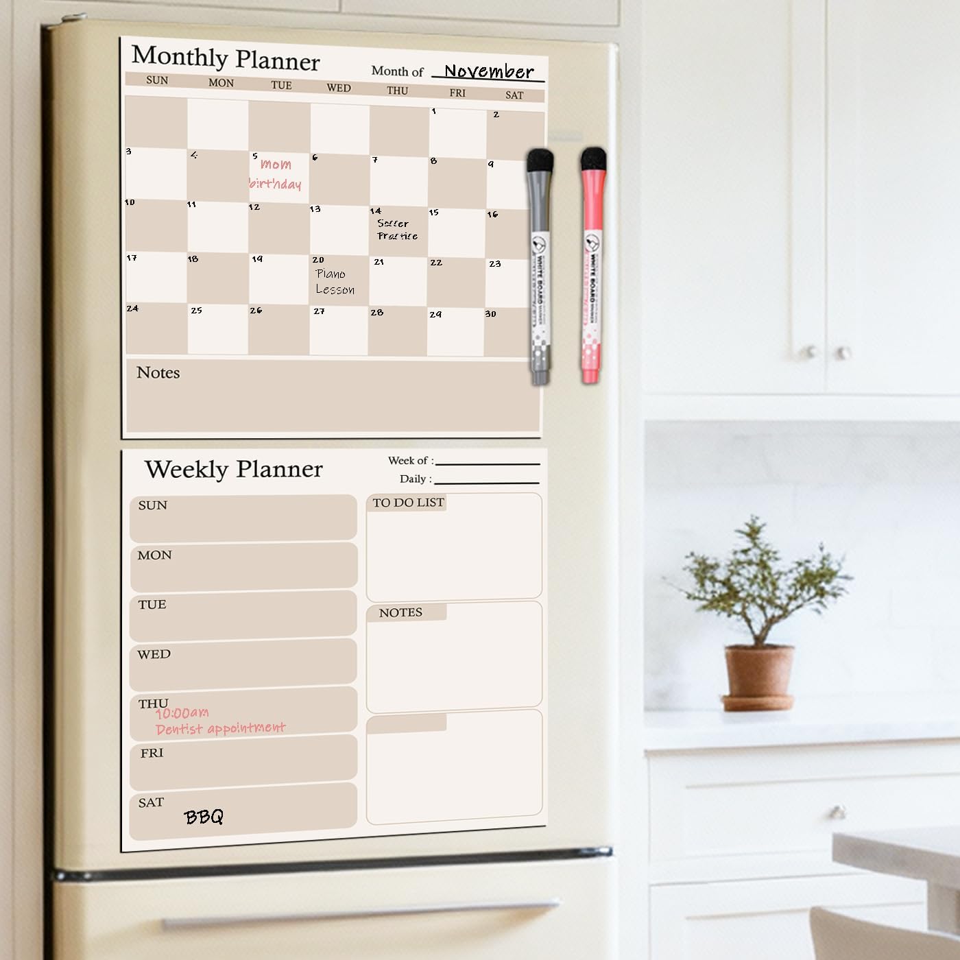 Fridge Calendar & Refrigerator Calendar Set, Magnetic Dry Erase Calendar Whiteboard with Monthly and Weekly Planner, Beige Checkered Fridge Calendar Magnet with 2 Markers and 2 Erasers
