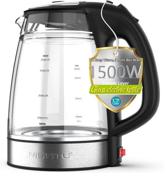 NISVITU 1.7L Dual Wall Cool Touch BPA-Free Electric Kettle, White | Glass Inner+PC Outer, 1500W Fast Boil Cordless Hot Water Boiler Electric Tea Kettle, Auto Shut-Off+Keep Warm
