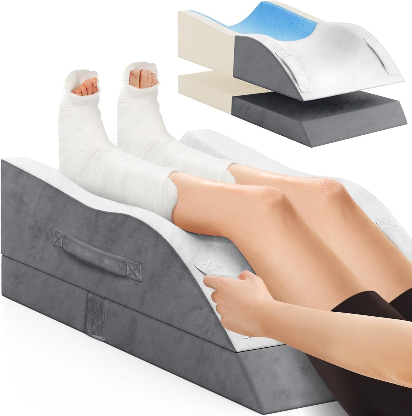 TranquilRelax Leg Elevation Pillow for After Surgery, Wedge Pillow, Grey | Single-leg design, adjustable height, U-shaped cradle, supportive memory foam, washable cover, leg elevation for swelling