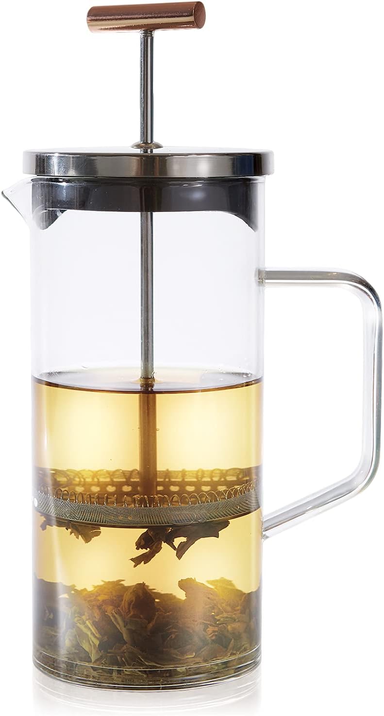 Teabloom Tea Press with Copper Pull Handle and Stainless Steel Filter – Tea Connoisseur's Choice – Pekoe Tea Maker, 34-Ounce