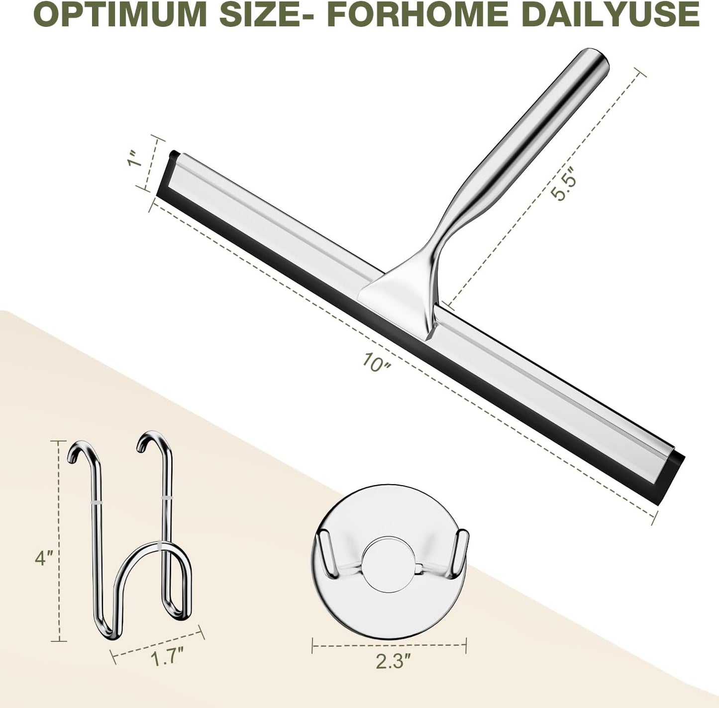 FARMER 10-Inch Shower Squeegee for Glass Doors, Windows and Mirrors, Black | Suction Wall Hook, Over-Door Hook, Non-Scratch Blade with Quiet Glide for Multi-Surface Cleaning on Glass, Tile and Mirrors