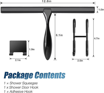 12-Inch Shower Squeegee Set, Includes Shower Door Hook and Adhesive Hook, Squeegee for Shower Doors, Mirror and Window, Silver