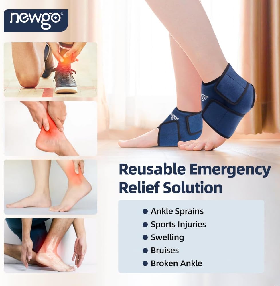 NEWGO Ankle Ice Pack Wrap for Swelling, Plantar Fasciitis, Foot Pain Relief, Reusable Gel Cold Compression Ankle Brace for Injuries, Achilles Tendonitis