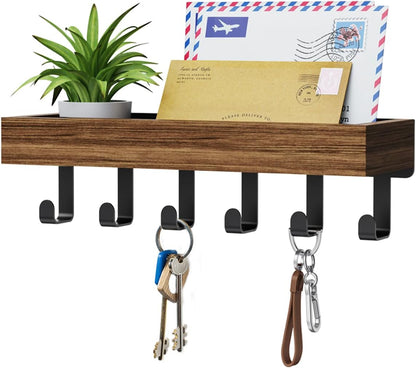 Key Holder Wall Mount Magnetic Adhesive, Key Hooks Rack with Shelf | Key Hanger with Mail Organizer for RV Camper Fridge Living Room Decor, Home Essentials, Black