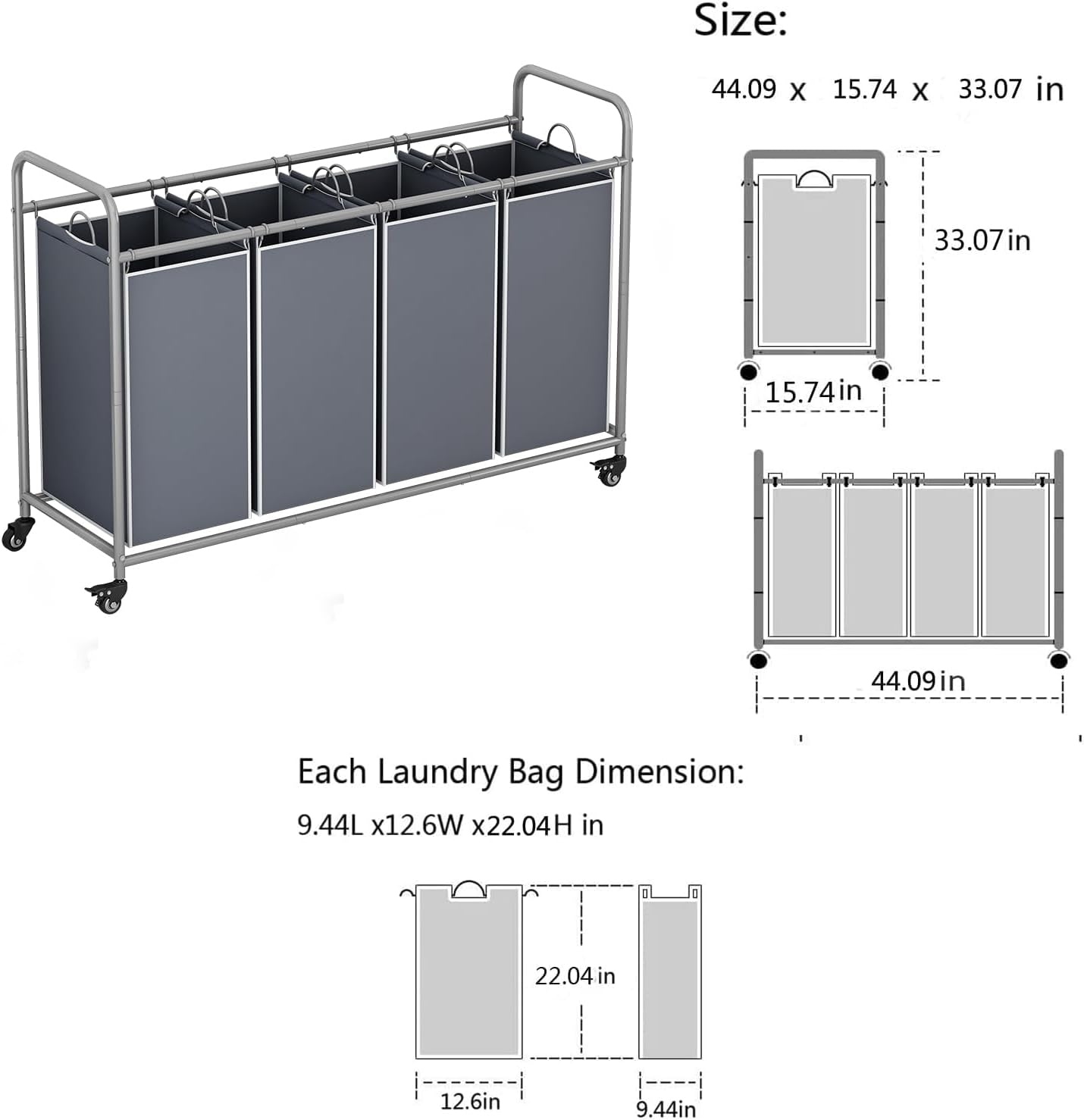 LINZINAR 3 Section Laundry Hamper, Black Laundry Basket 135L Laundry Sorter | Laundry Room Organization with Heavy Duty Rolling Lockable Wheels and Removable Bag, Bedroom Laundry Cart for Clothes Storage