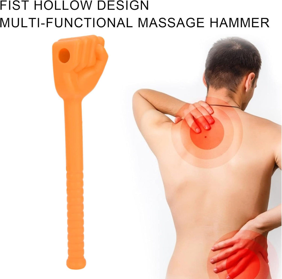 Manual Back Massagers, Massage Stick Hammer, Silicone Massage Hammer with Anti-Slip Long Handle, Fist Massager for Back Legs Arms Neck Shoulder Pain Relief(Orange)