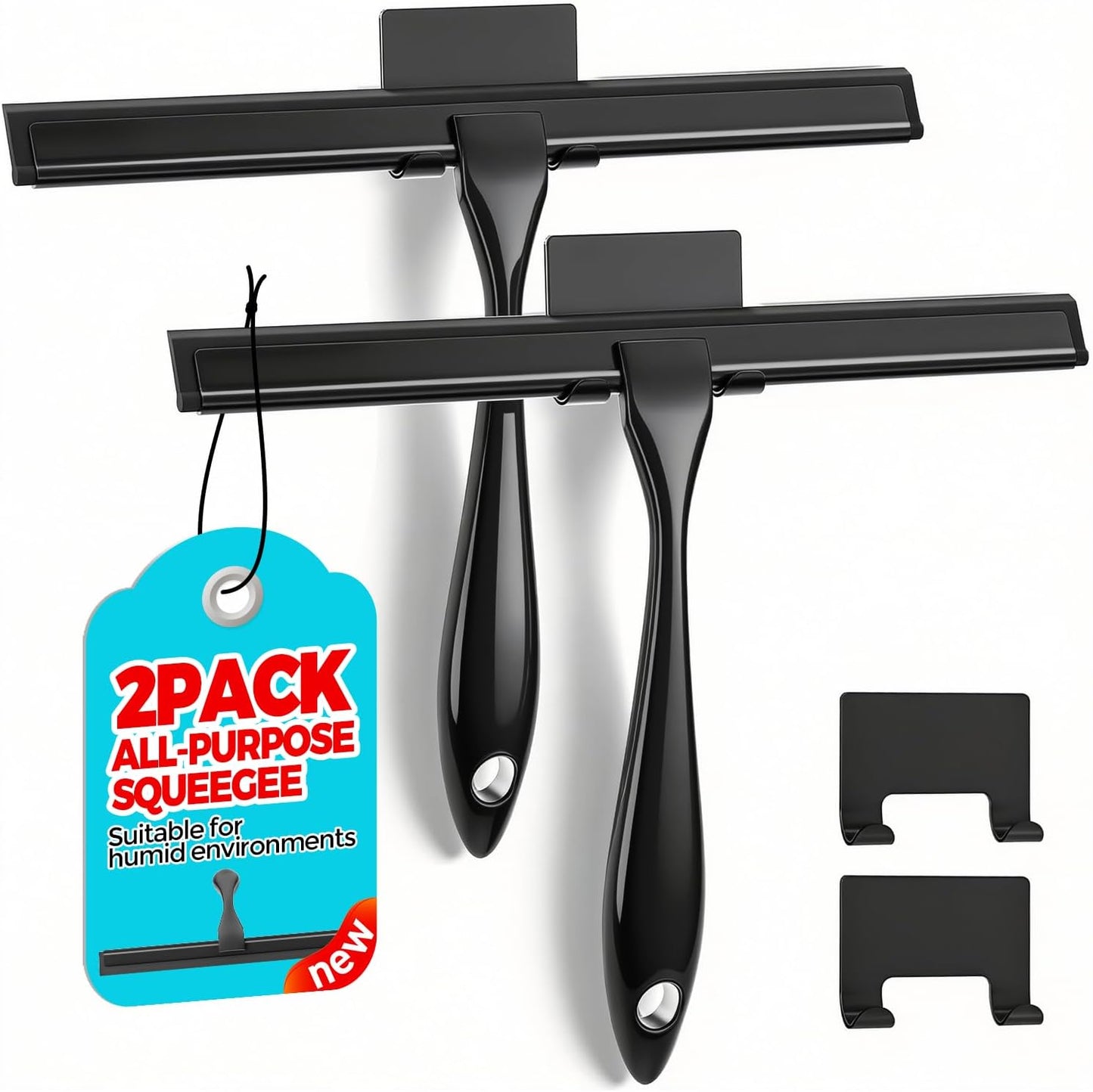 2pcs Shower Squeegee for Glass Doors with Adhesive Hanging Hook Set | 10” Silver, Bathroom Accessories, Window Cleaner, New Home Essentials, Soft Rubber Blade, Metal Handle, Ergonomic Grip