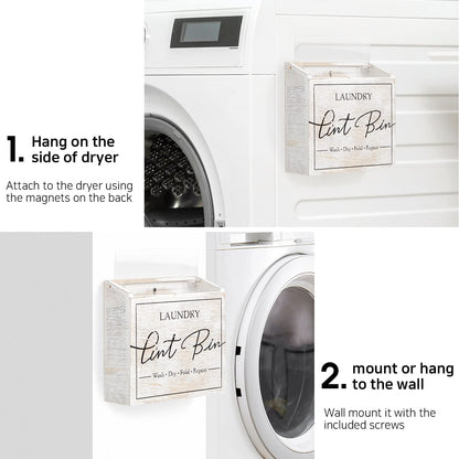 J JACKCUBE DESIGN Magnetic Lint Bin for Laundry Room, Lint Basket Container, Trash Can Box, Organizer, Storage for Washer and Dryer Supplies- White Washed Rustic Wood Wall Mount- MK904A