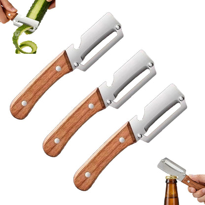 3Pcs Multifunctional Vegetable Peeler, 2-in-1 Multifunctional Vegetable Peeler with Wooden Handle & Stainless Steel Blade, Built-in Bottle Opener, Fruit & Vegetable Kitchen Peeling Tool