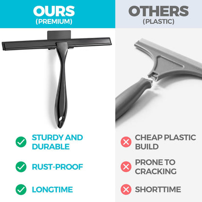 2pcs Shower Squeegee for Glass Doors with Adhesive Hanging Hook Set | 10” Silver, Bathroom Accessories, Window Cleaner, New Home Essentials, Soft Rubber Blade, Metal Handle, Ergonomic Grip