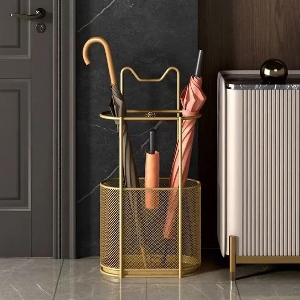 Metal Umbrella Holder Stand,Metal Umbrella Stand for Entryway, Stand Cane Holder with Drip Tray, Umbrella Rack Storage Bin Freestanding,Gold