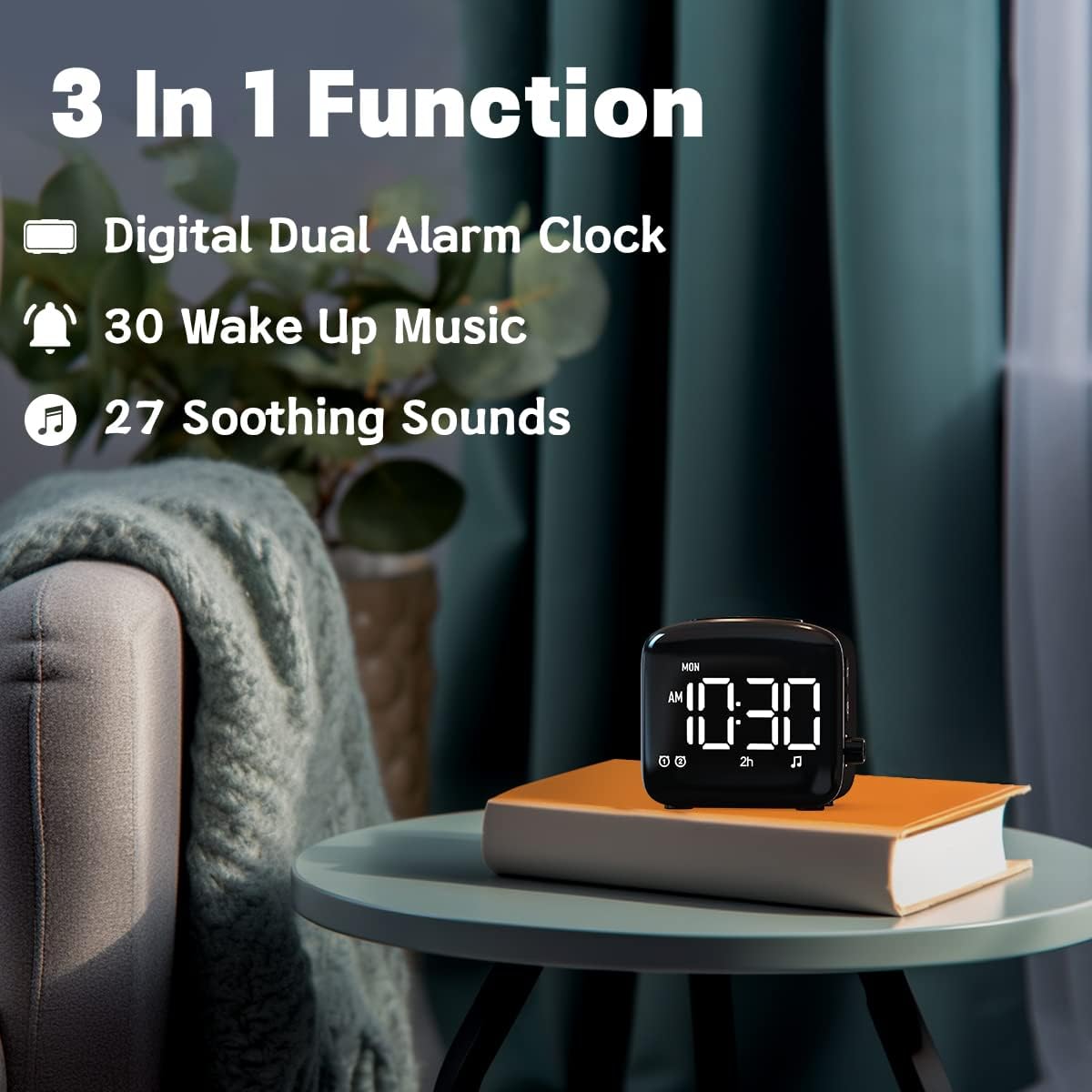 Easysleep Acoustic Sound Alarms Digital Wake Up Clock with Big LED Display 27 Soothing Sounds Sunrise Clock Dual 3 Alarms Memory Snooze Setting 4 Brightness for Deep Sleepers Adults Teenagers