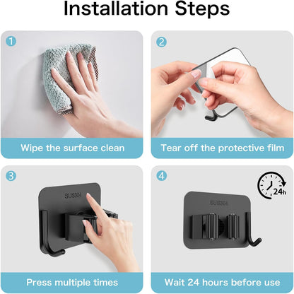 nacena 4 Pack No Drill Self Adhesive Broom Mop Holder Wall Mount with Hooks, Heavy Duty Stainless Steel Organizer for Kitchen Bathroom Garage Storage, Black