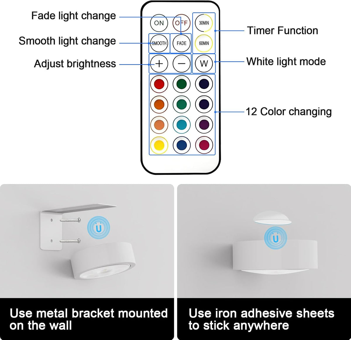 Picture Lights for Wall, Rechargeable Battery Operated wall lights, Picture Frame lights with Lighting Modes, Wireless Magnetic Painting Light with Remote Control Timer (White)