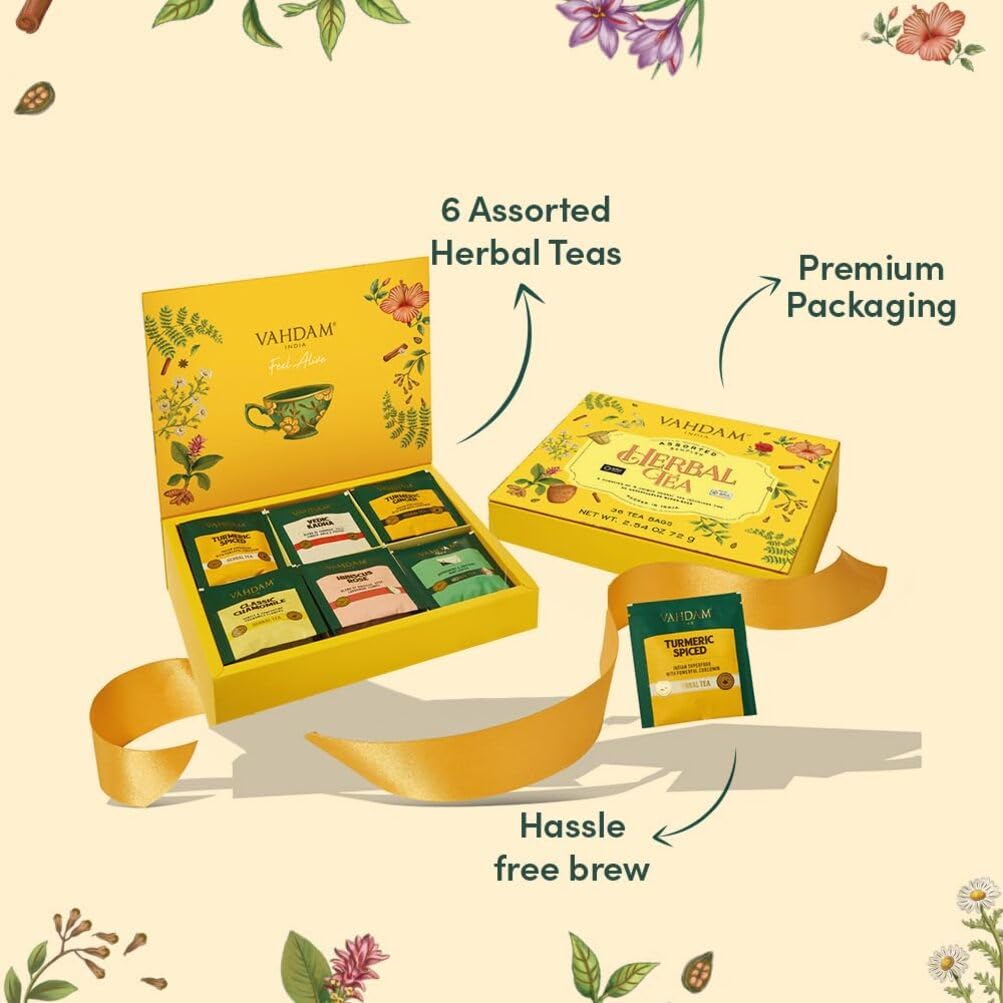VAHDAM, Assorted Herbal Tea Sampler (18 Tea Bags, 9 Flavors) Caffeine-Free, Non-GMO | Double Infusion, Individually Enveloped Tea Bags | Herbal Tea Assortmen