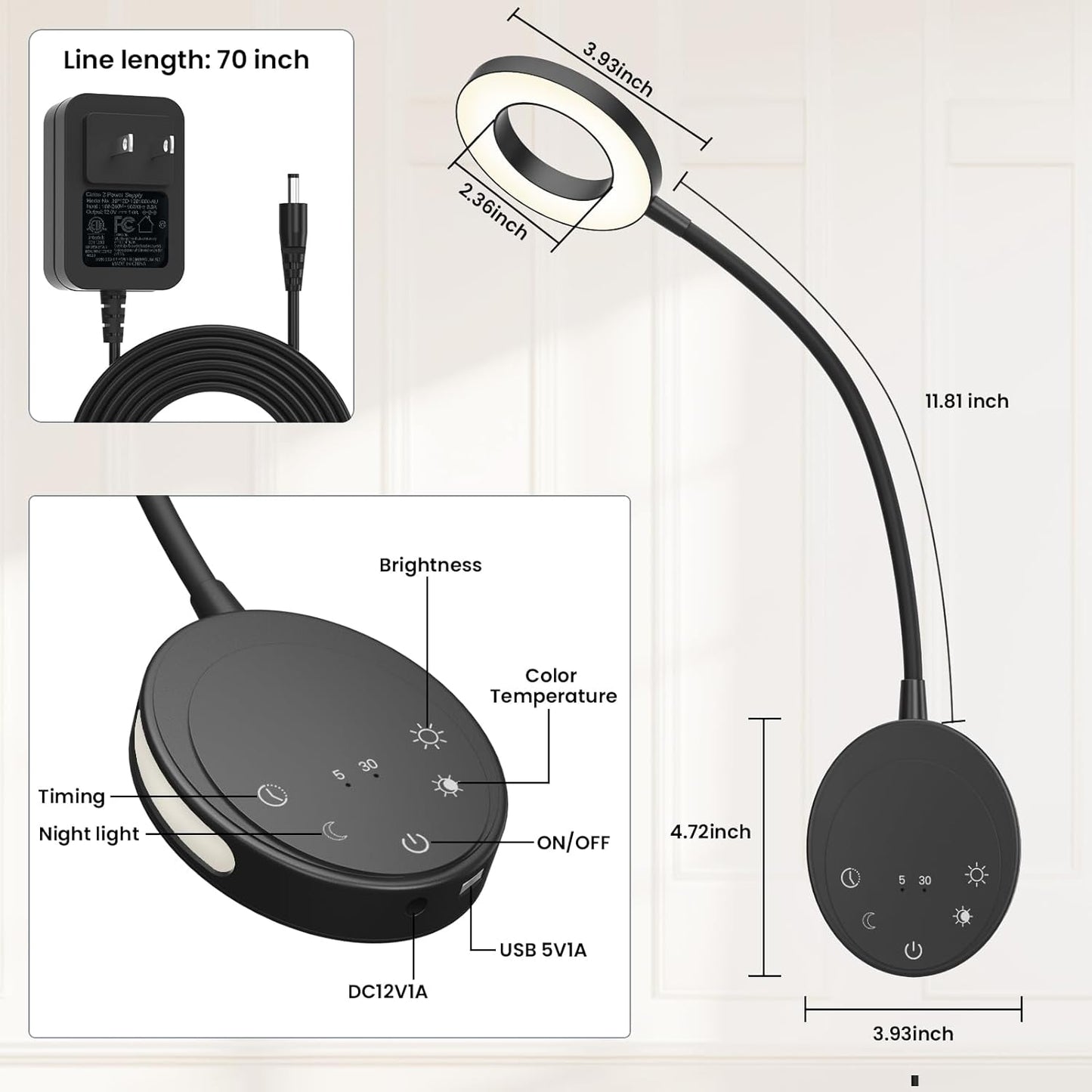 Wall Mounted Reading Light, Bedside Headboard Lights with 5 Color Temperature & 5 Dimming, 360 Flexible Gooseneck, USB Output, Night Light & Timer Function - Perfect for Reading (Black)