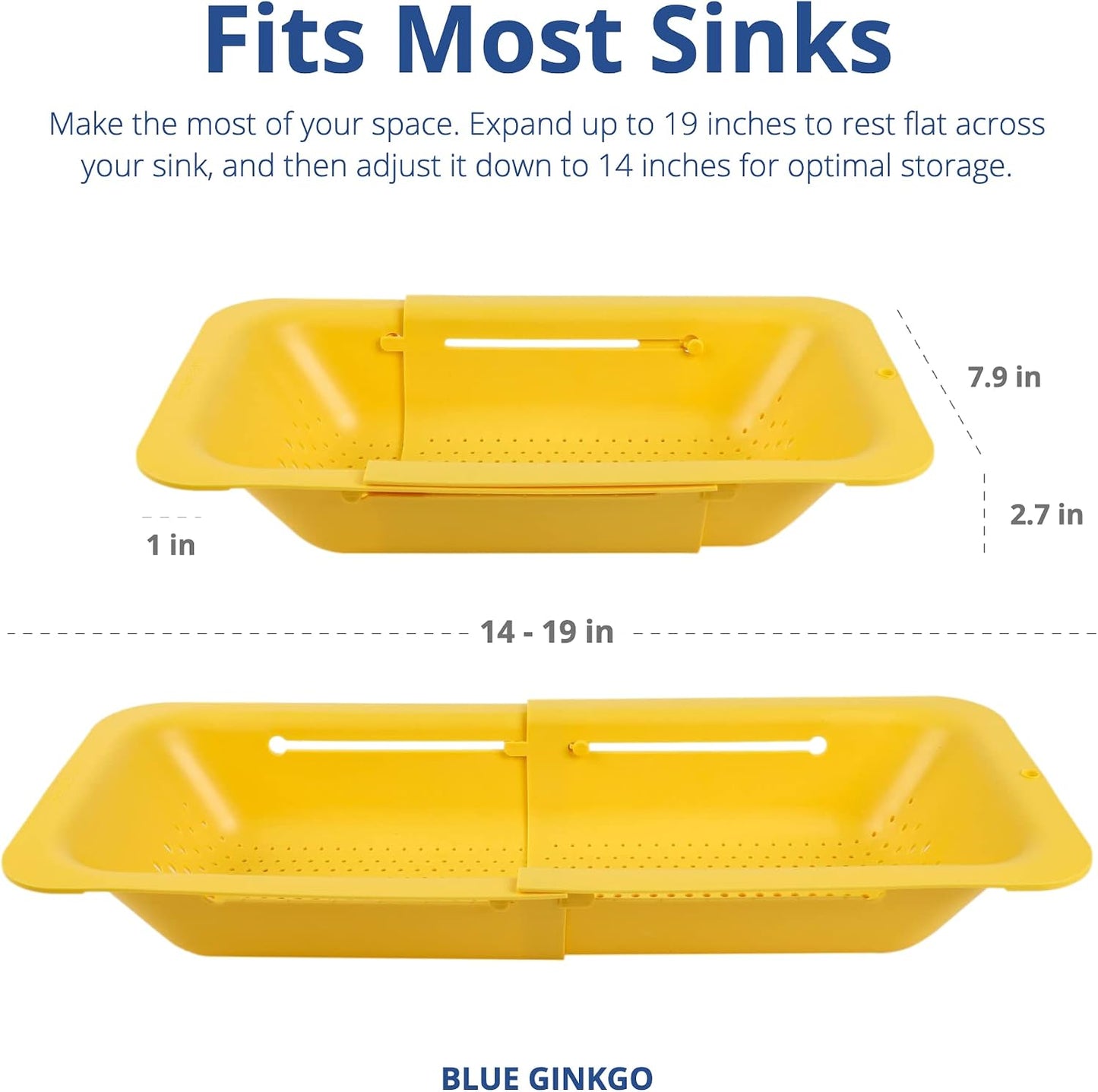 Blue Ginkgo Over Sink Colander, Extendable Kitchen Strainer, Grey | Fits Most Sinks. Rinse, Drain and Dry with Ease.