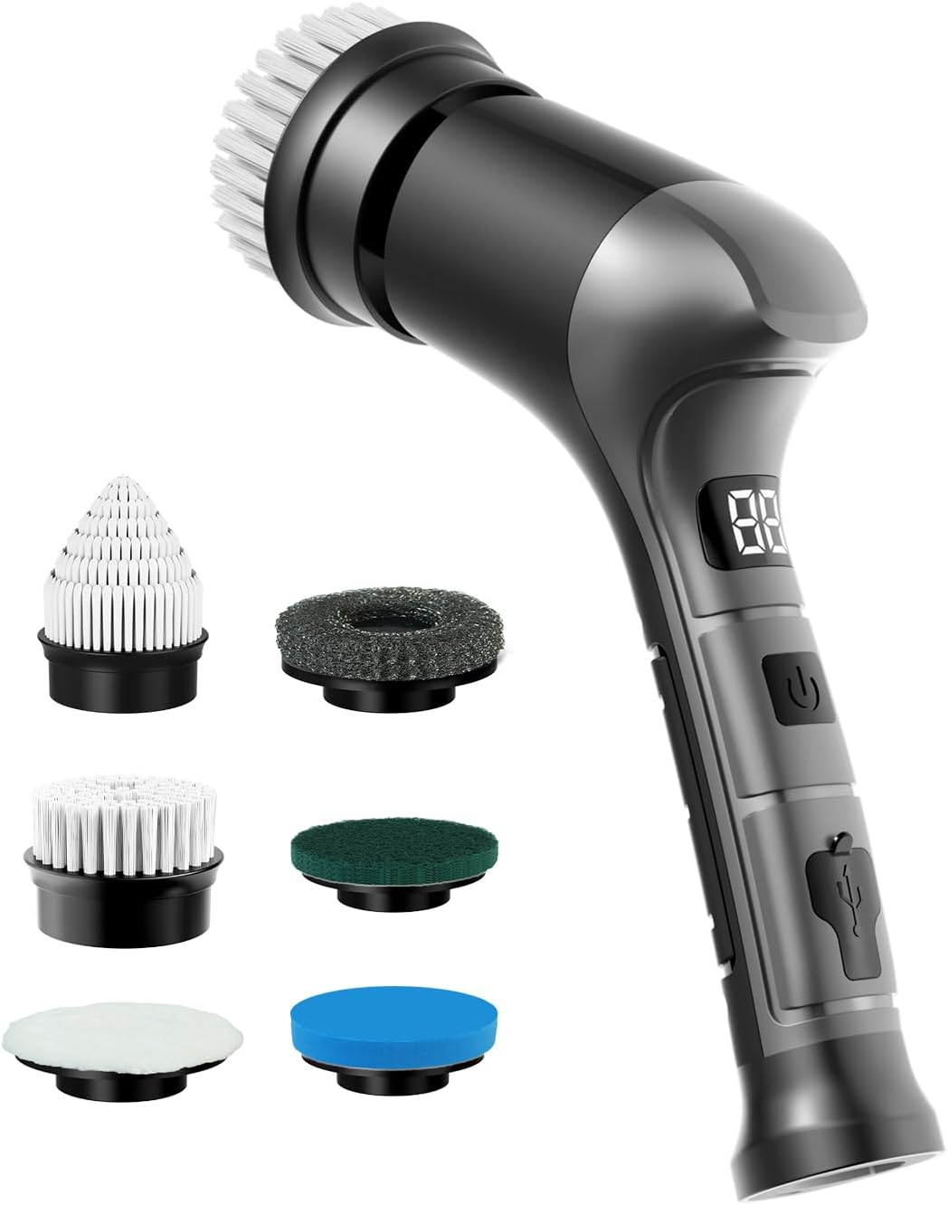 Electric Spin Scrubber, Cordless Household Cleaning Brush with 6 Replaceable Heads, 3 Speeds, LED Display, Lightweight Handheld Power Scrubber for Cleaning Stove/Bowl/Sink/Corner/Tile/Grout-Black
