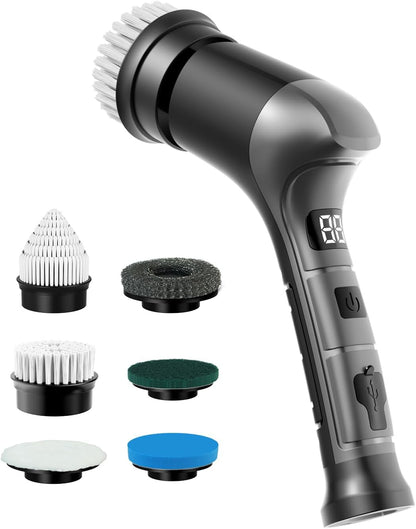Electric Spin Scrubber, Cordless Household Cleaning Brush with 6 Replaceable Heads, 3 Speeds, LED Display, Lightweight Handheld Power Scrubber for Cleaning Stove/Bowl/Sink/Corner/Tile/Grout-Black