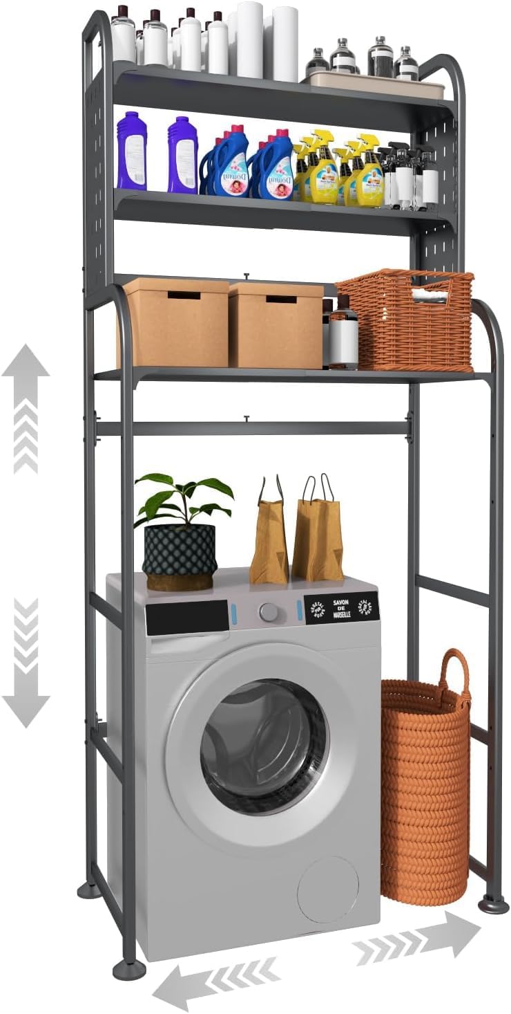 Adjustable Laundry Organizer Shelf over the Washer and Dryer Storage Shelf | 3 Tier Expandable Over Washer Storage, Over Toilet Washing Machine Bathroom Organization Shelves with Pegboard and Hook
