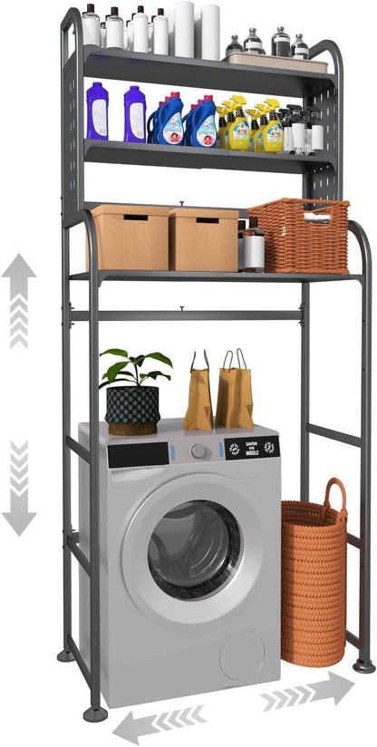 Adjustable Laundry Organizer Shelf over the Washer and Dryer Storage Shelf | 3 Tier Expandable Over Washer Storage, Over Toilet Washing Machine Bathroom Organization Shelves with Pegboard and Hook