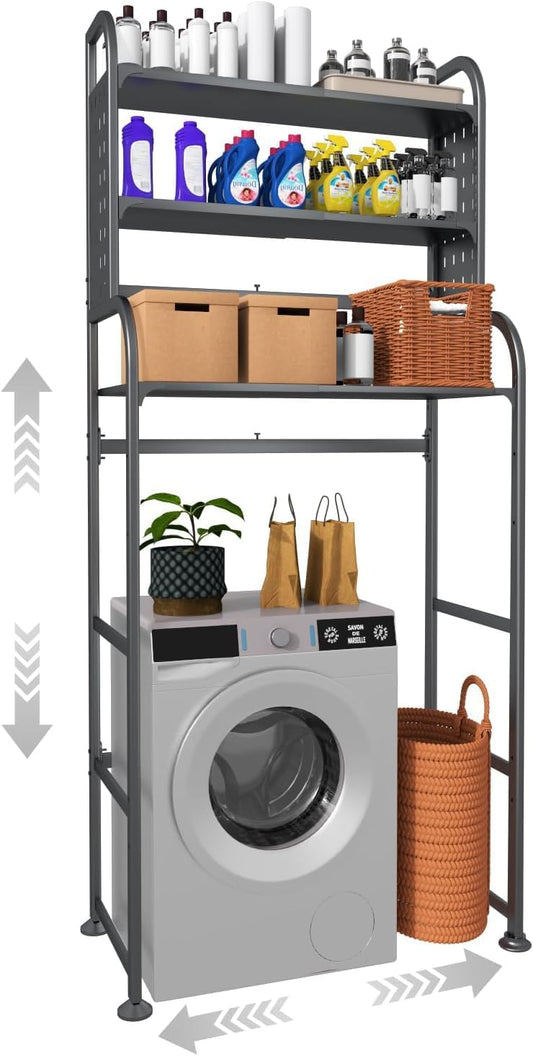 Adjustable Laundry Organizer Shelf over the Washer and Dryer Storage Shelf | 3 Tier Expandable Over Washer Storage, Over Toilet Washing Machine Bathroom Organization Shelves with Pegboard and Hook