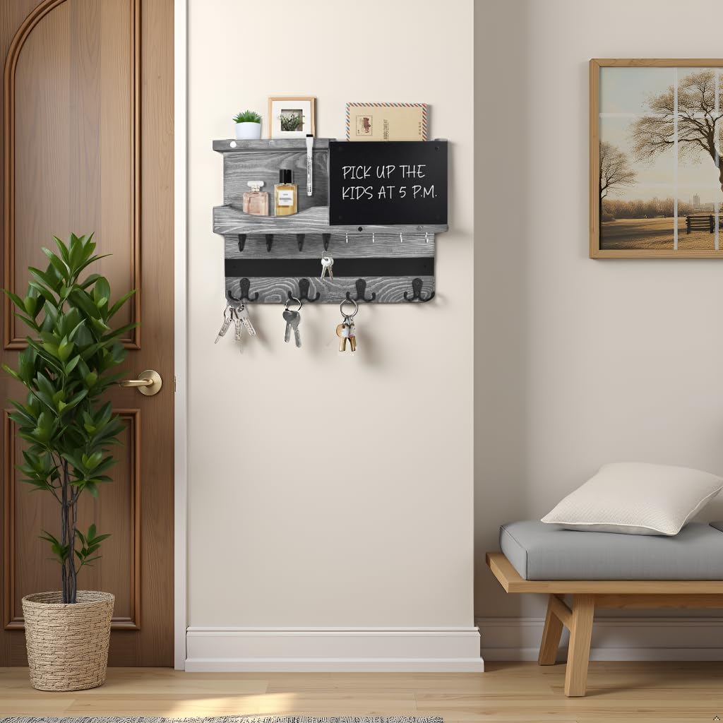 Key Holder for Wall Mount with Shelf and Mail Organizer, Key and Mail Holder with 16 Hooks, Farmhouse Entryway Organizer, Home Decor Rack (Pine Wood, White Washed)