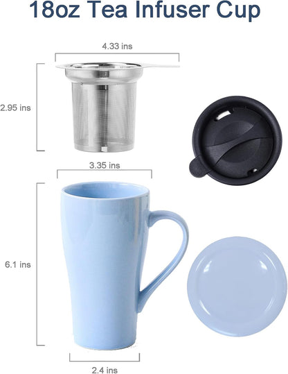 Tea Cup with Infuser and 2 Lids, 18oz Large Tea Infuser Mug, Tea Strainer Cup for Loose Leaf, Travel Mug with Teabag Holder (Royal Blue)