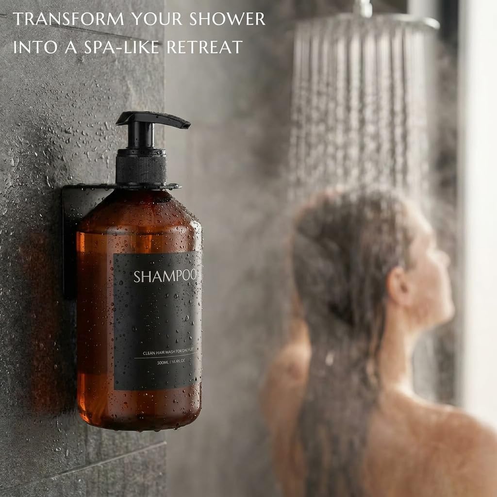 Shampoo and Conditioner Dispenser Set of 3 for Wall Mount | 16.9 fl oz Drill Free Shower Soap Bottles,Refillable Body Wash Dispensers for Bathroom Decor (Amber Bottles + Bamboo Pumps)