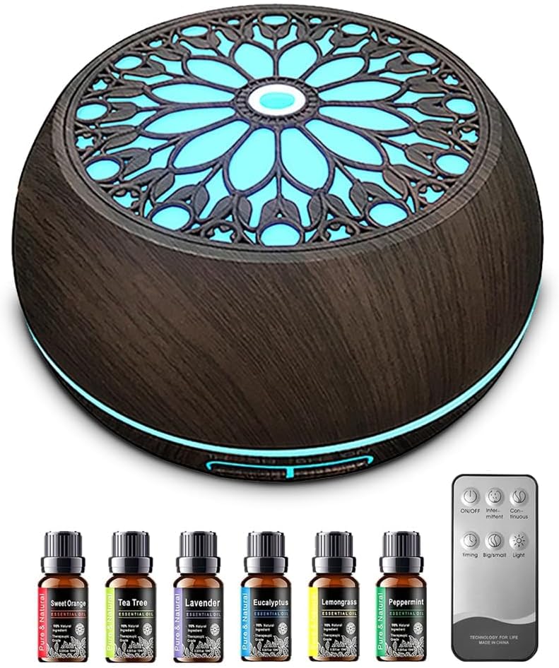 550ml Large Capacity Essential Oil Diffuser 6 Essentil Oil Set Aromatherapy Ultrasonic Air Humidifier with Timer and 7 Color LED Night Light Remote Control Waterless Auto-Off White Wood Grain