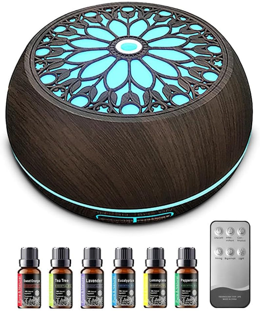 550ml Large Capacity Essential Oil Diffuser 6 Essentil Oil Set Aromatherapy Ultrasonic Air Humidifier with Timer and 7 Color LED Night Light Remote Control Waterless Auto-Off White Wood Grain