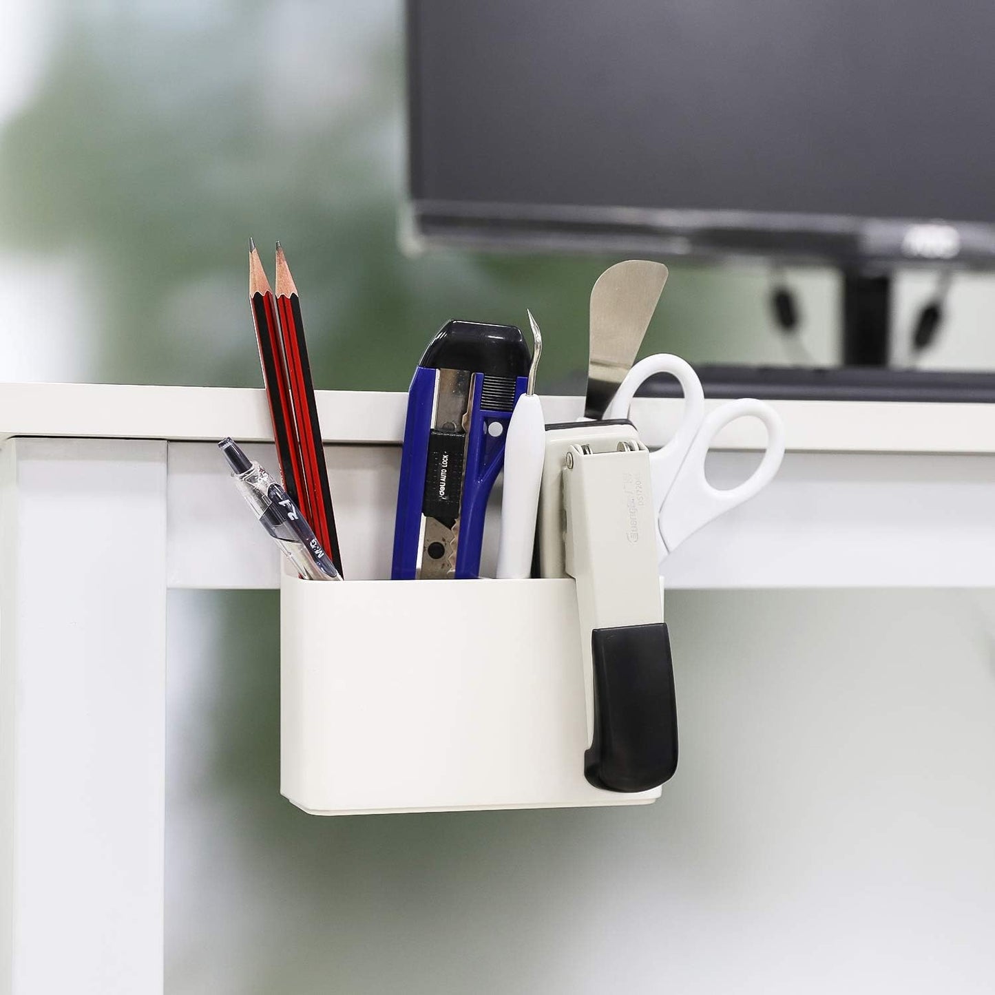 MoKo Magnetic Pen Holder, Pencil Accessories Whiteboard Organizer, White | Magnetic dry erase marker holder has two compartments and an ABS body for whiteboards, refrigerators and lockers.