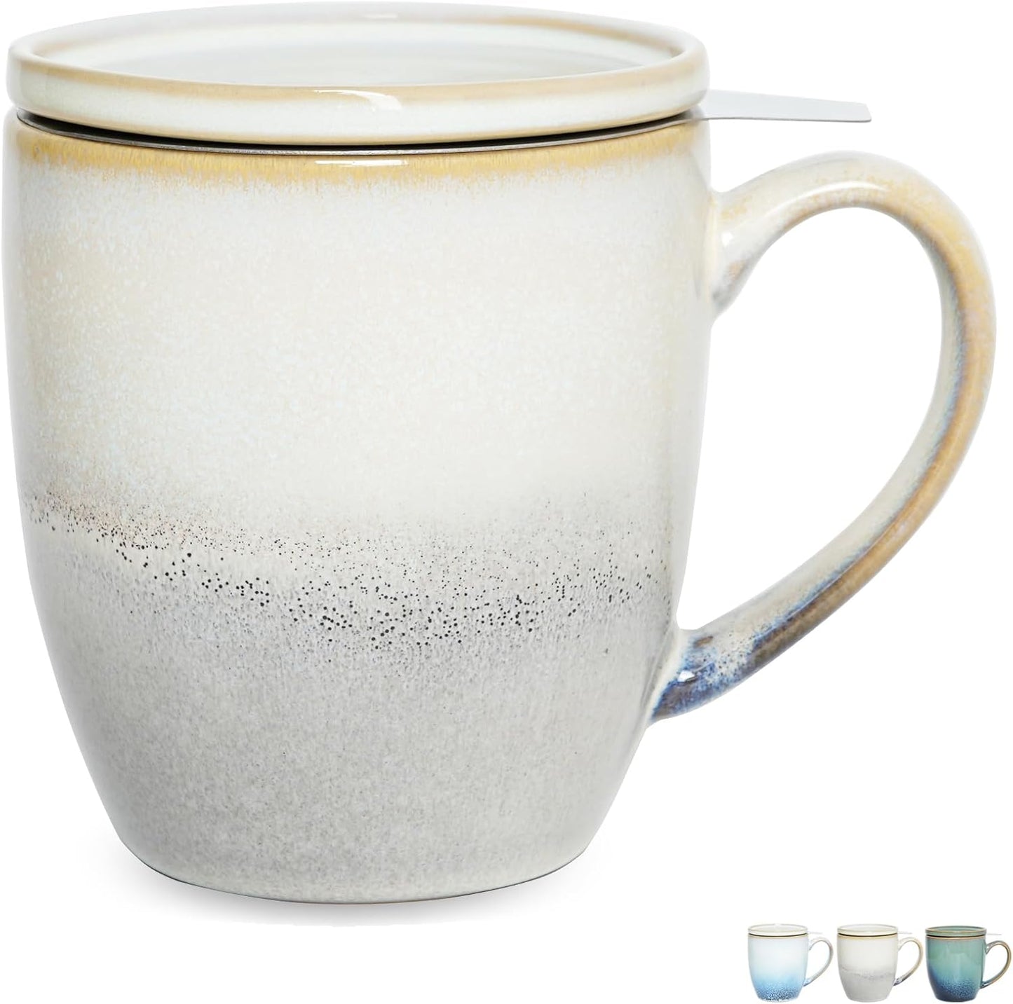 Bosmarlin Ceramic Tea Cup with Infuser and Lid, 16 Oz, Loose Leaf Tea Steeper Mug with Strainer, Microwave and Dishwasher Safe, Reactive Glaze (16 Oz, Pale Green)