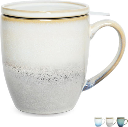 Bosmarlin Ceramic Tea Cup with Infuser and Lid, 16 Oz, Loose Leaf Tea Steeper Mug with Strainer, Microwave and Dishwasher Safe, Reactive Glaze (16 Oz, Pale Green)