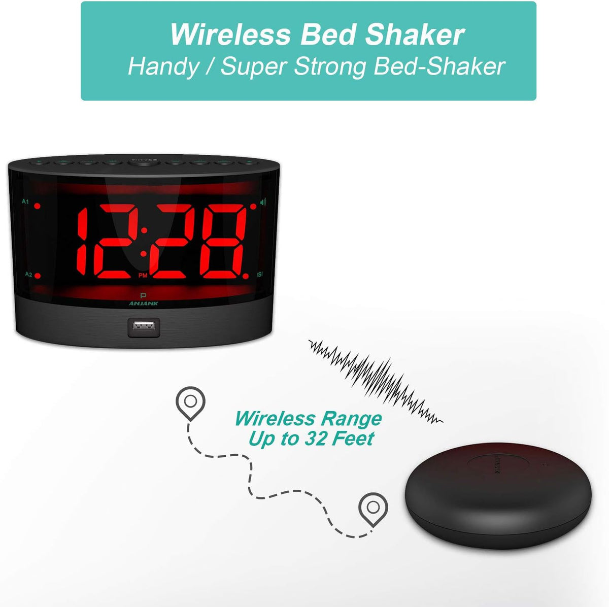 ANJANK Extra Loud Alarm Clock for Heavy Sleepers, Wireless Bed Shaker, Vibrating Dual Alarm, Deaf and Hearing-impaired, Adjustable Volume/Dimmer/Wake up Mode, USB Charger Port