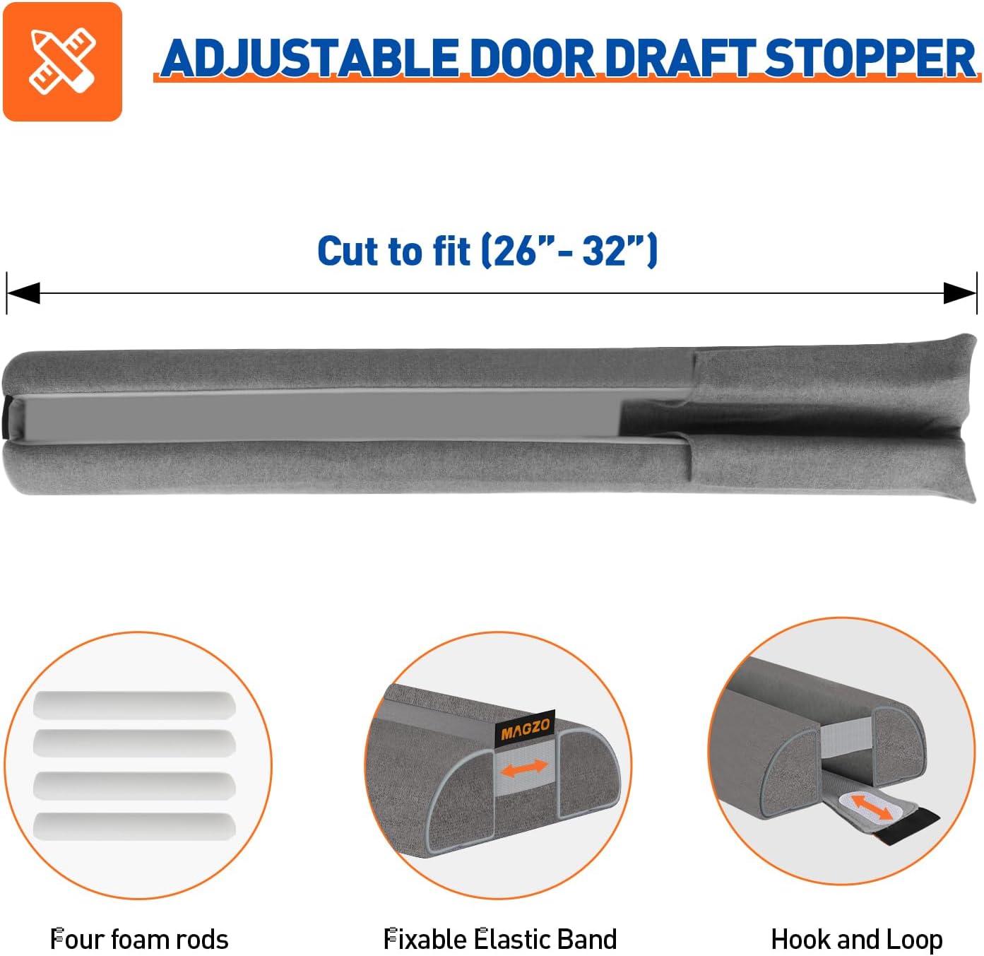 MAGZO Under Door Draft Stopper, 36 Inch Adjustable Door Gap Filler, Gray | Dual-Sided Soundproof Door Sweep for Blocking Noise Cold Air, Smoke, Dust & Light – Easy Install, Energy Saving, Washable